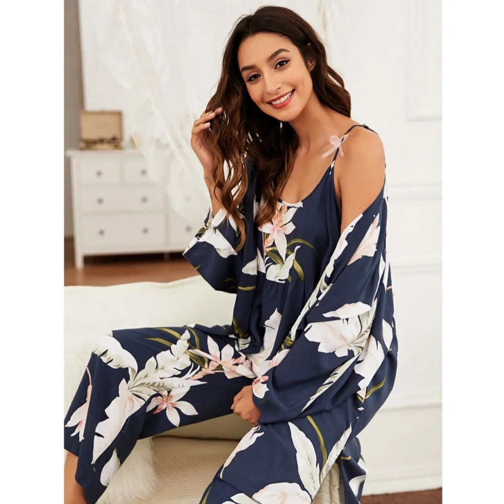 3 Piece Navy Color Floral Print Pajama Set - Picture 5 of 10